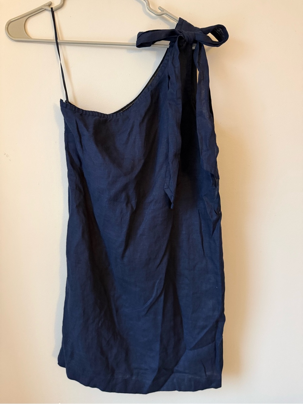 J Crew One-Shoulder Tie Mini Dress Navy Blue Linen Size XS